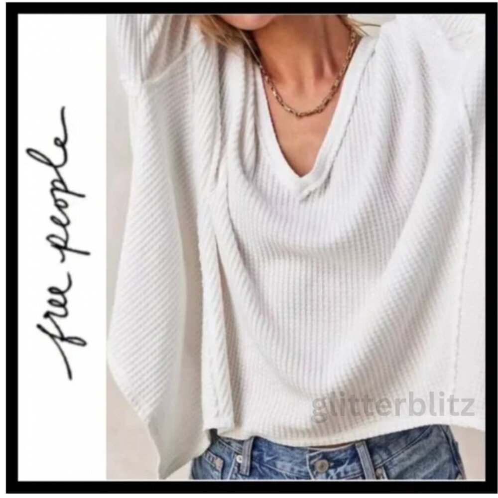 FREE PEOPLE Coraline Waffle Knit Thermal Swing Top 🖤 Ivory White - Large